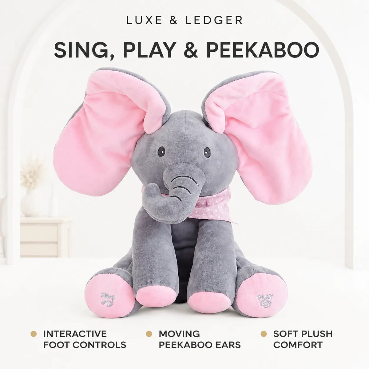 Peek-A-Boo Singing Elephant pink variant — two ways to play: press left foot to play a song, press right foot to start peekaboo