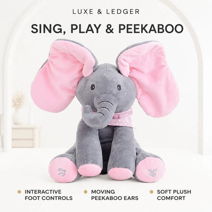 Peek-A-Boo Singing Elephant pink variant — two ways to play: press left foot to play a song, press right foot to start peekaboo