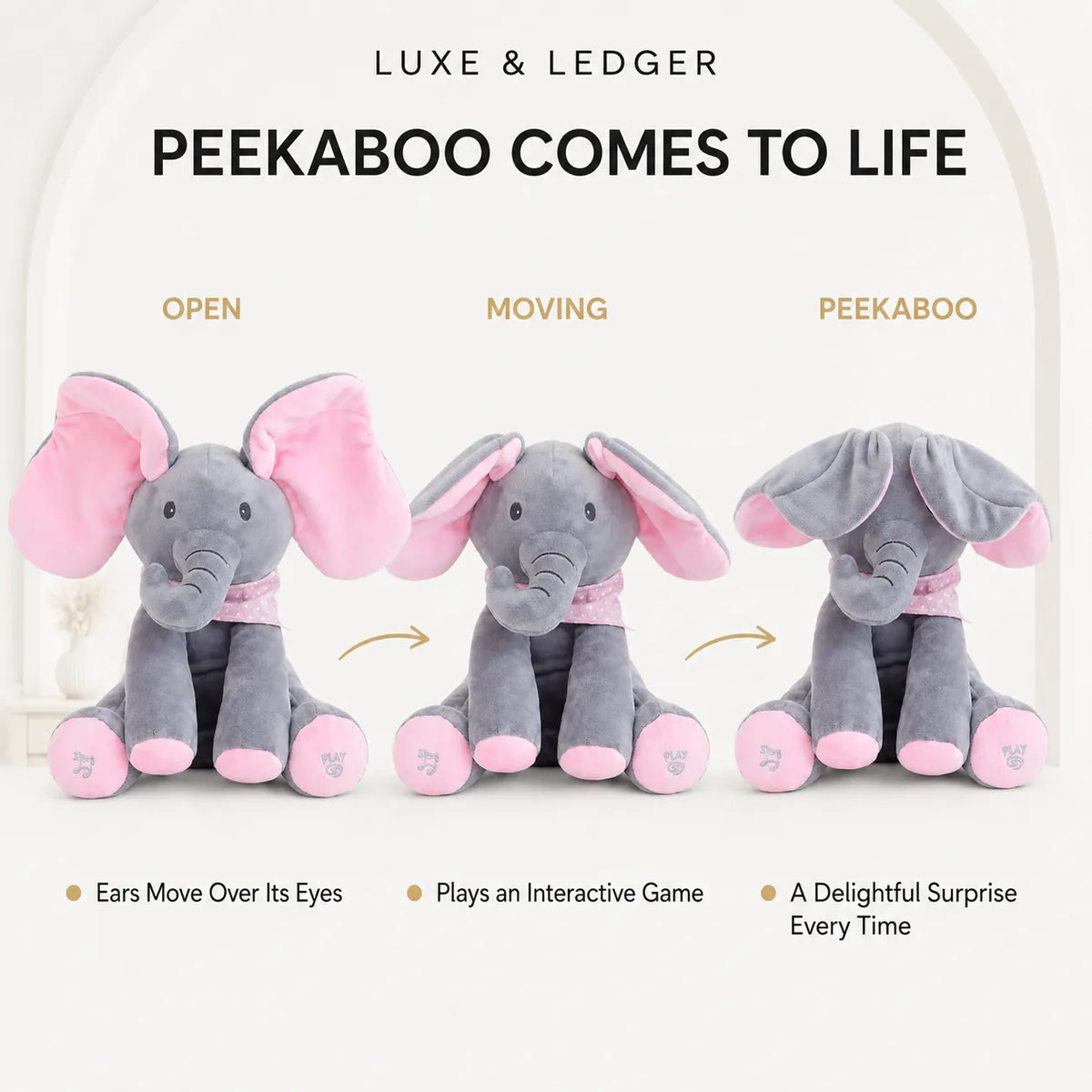 Peek-A-Boo Singing Elephant Powder Blue variant — front product shot, grey plush body with blue ears, music and play buttons on feet