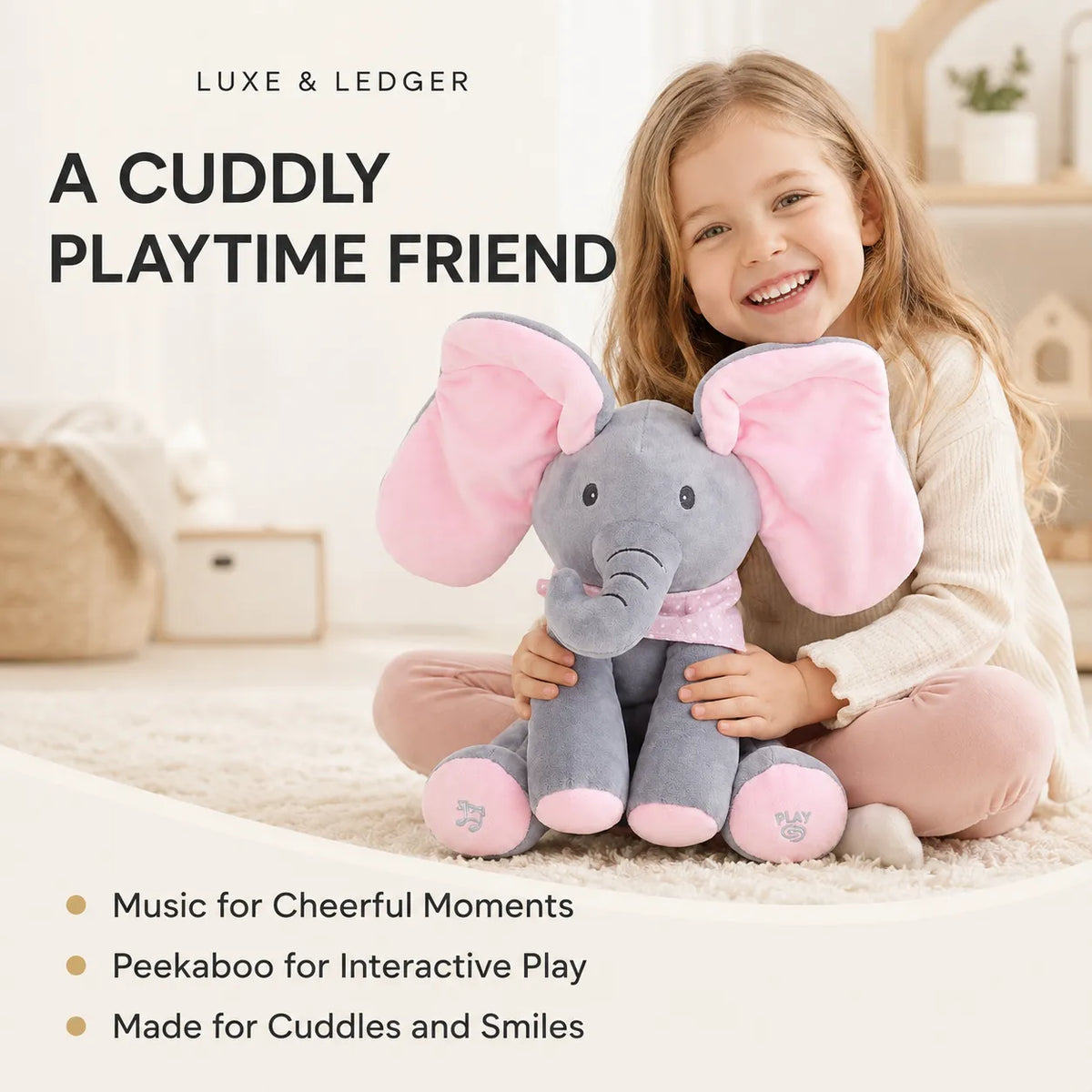 Peek-A-Boo Singing Elephant pink variant — 3-stage animation: open ears, moving ears, peekaboo position