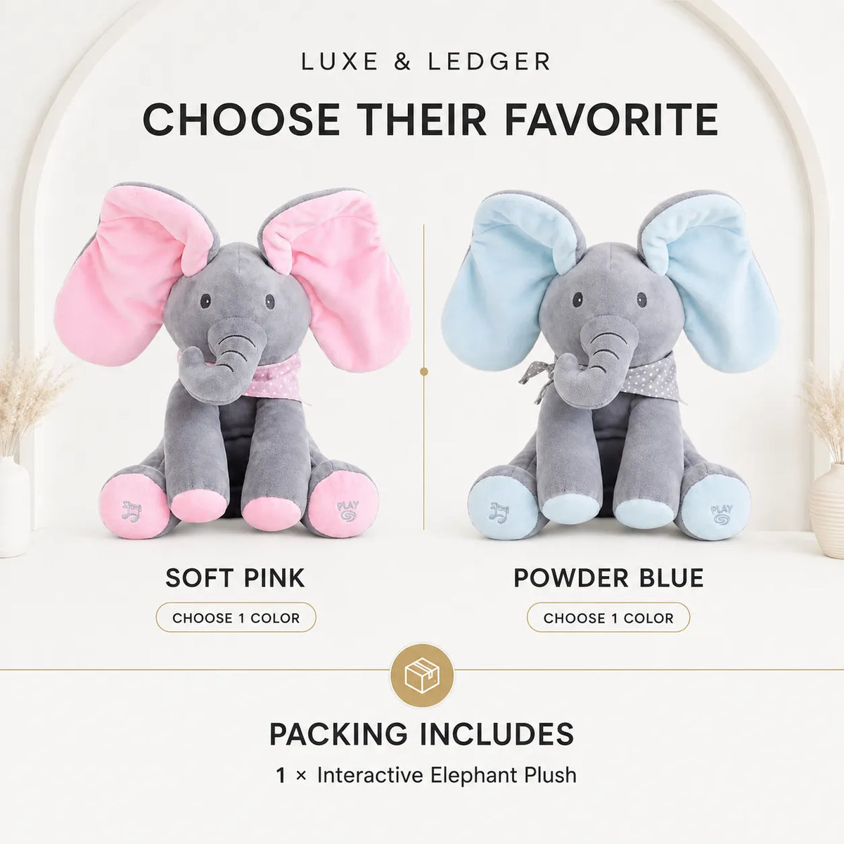 Peek-A-Boo Singing Elephant — Soft Pink and Powder Blue color variants, packing includes 1 interactive elephant plush