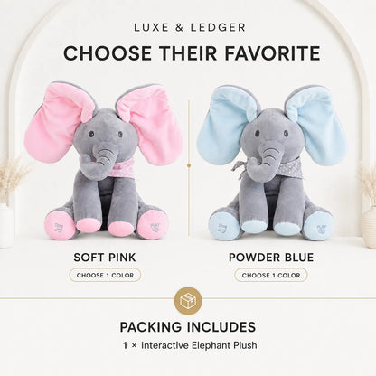 Peek-A-Boo Singing Elephant — Soft Pink and Powder Blue color variants, packing includes 1 interactive elephant plush