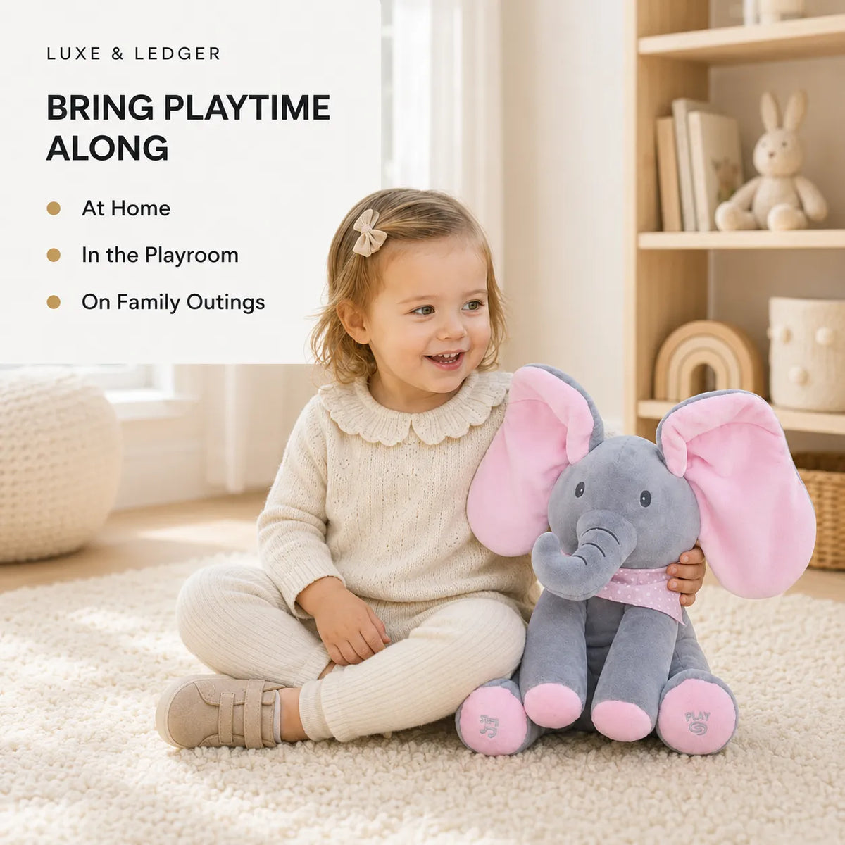 Peek-A-Boo Singing Elephant — Soft Pink and Powder Blue color variants side by side, includes 1 interactive elephant plush