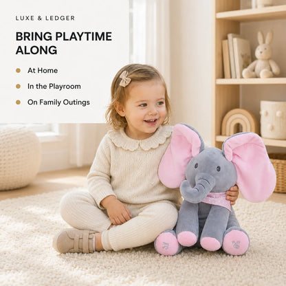 Peek-A-Boo Singing Elephant — Soft Pink and Powder Blue color variants side by side, includes 1 interactive elephant plush