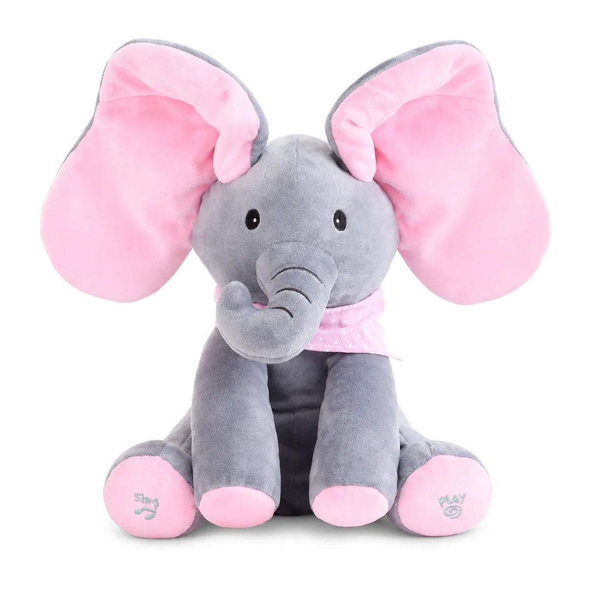 Peek-A-Boo Singing Elephant Soft Pink variant — front product shot, grey plush body with pink ears spread wide open