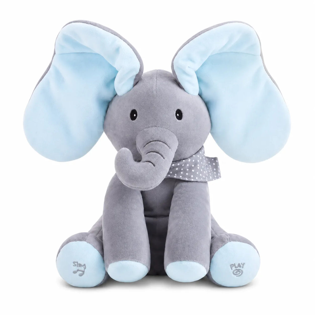 Peek-A-Boo Singing Elephant Powder Blue variant — front product shot, grey plush body with blue ears spread wide open