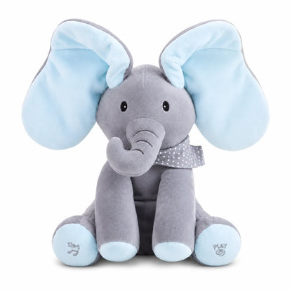Peek-A-Boo Singing Elephant Powder Blue variant — front product shot, grey plush body with blue ears spread wide open