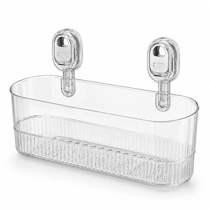 Clear plastic bathroom storage basket with two wall-mounted suction cup holders, shown on a white background.