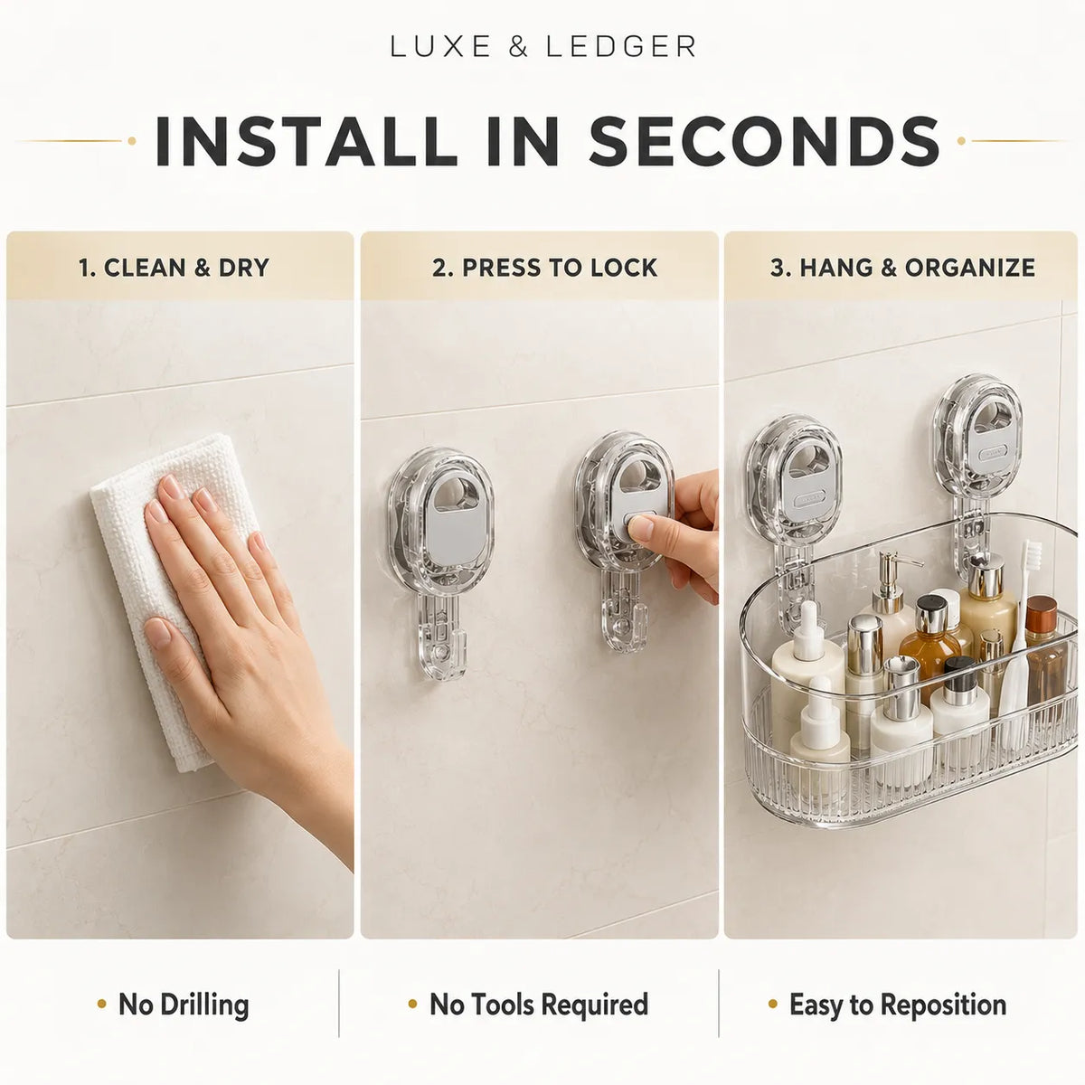 Crystal Wall Organizer gray — everything in one place: holds daily essentials, high sides keep items secure, frees up counter space, mounted in luxury bathroom