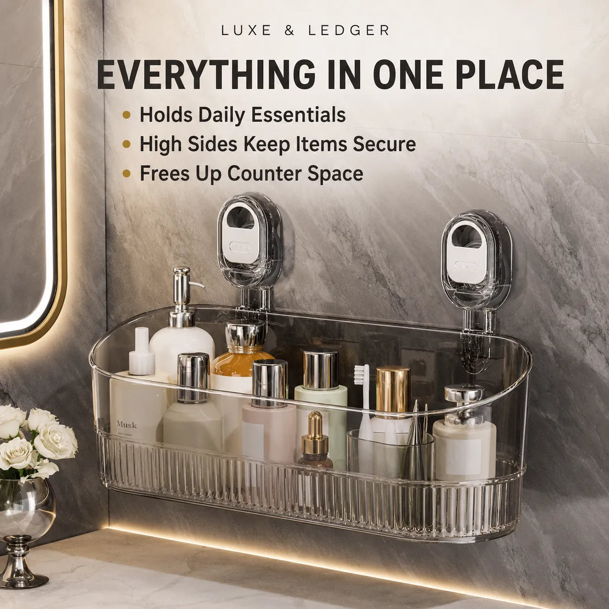 Crystal Wall Organizer transparent — built for wet areas: built-in drainage slots, quick-drying open base, easy to rinse clean, suction cup wall mount