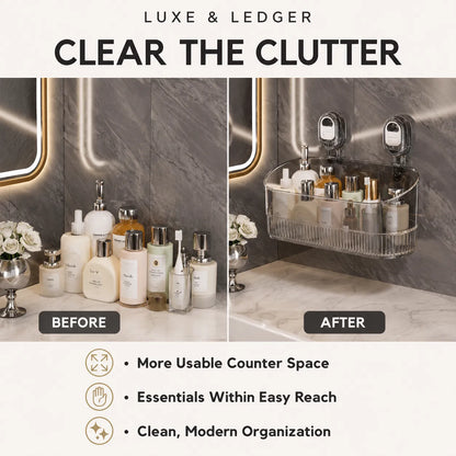 Before-and-after comparison graphic for a wall-mounted clear toiletry organizer. The left side shows a bathroom counter cluttered with assorted bottles and containers under a mirror, labeled BEFORE.