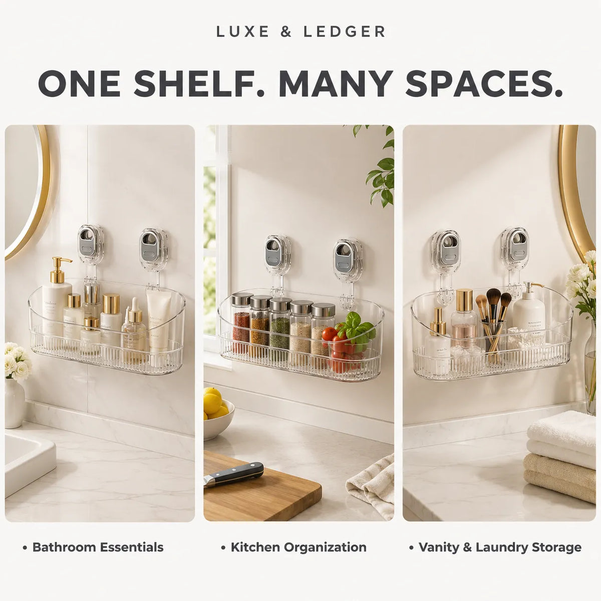 Three-panel promotional graphic for a clear wall-mounted bathroom organizer shelf with suction cups. The top text reads 'LUXE & LEDGER' and 'ONE SHELF.