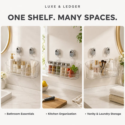 Three-panel promotional graphic for a clear wall-mounted bathroom organizer shelf with suction cups. The top text reads 'LUXE & LEDGER' and 'ONE SHELF.