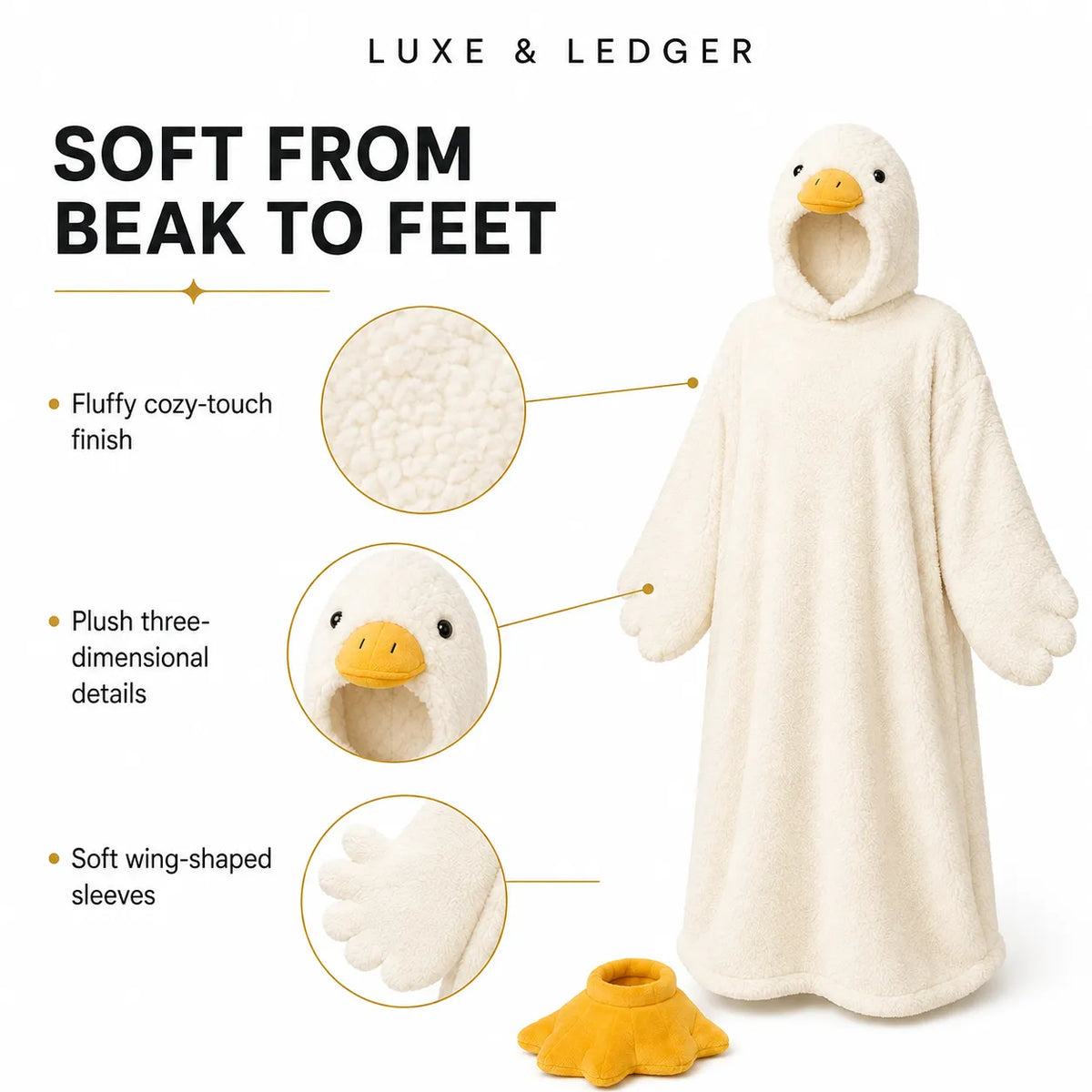 A plush hooded robe styled like a duck, shown on a white background with marketing text and detail callouts. The robe is off-white/cream with a yellow beak and black eyes, and a separate yellow foot-shaped accessory is shown below.