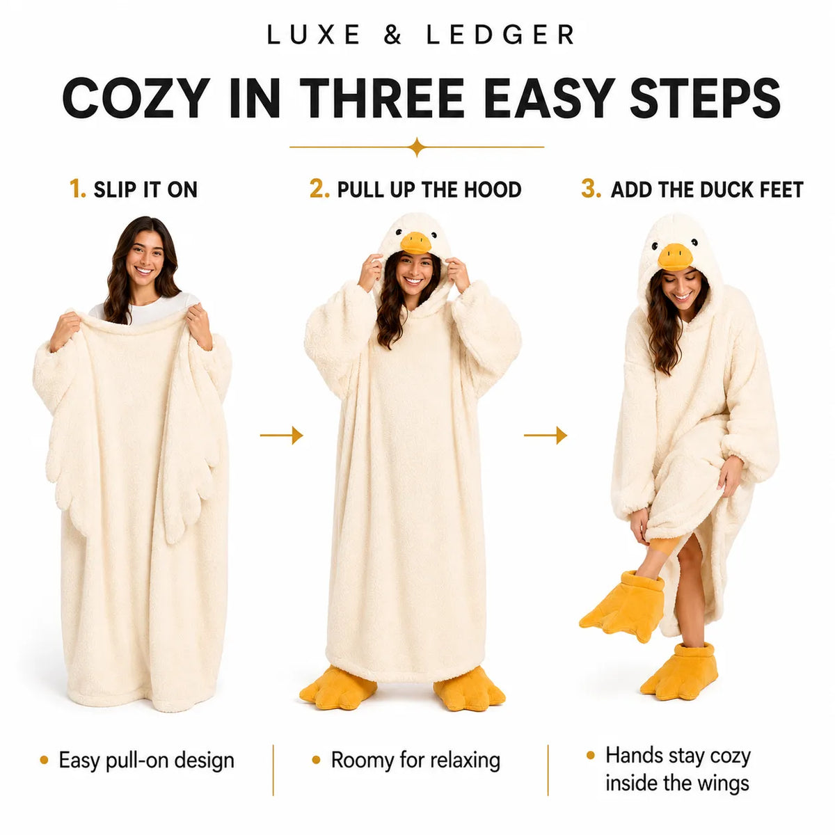 Three-panel instructional graphic showing a woman wearing a plush duck-themed robe in three steps: slip it on, pull up the hood, and add duck feet. Large text at top reads 'LUXE & LEDGER' and 'COZY IN THREE EASY STEPS' on a white background.