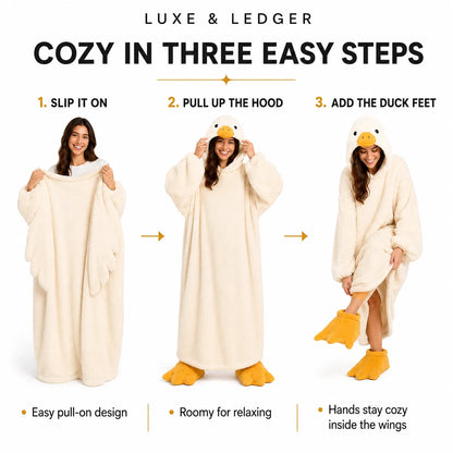 Three-panel instructional graphic showing a woman wearing a plush duck-themed robe in three steps: slip it on, pull up the hood, and add duck feet. Large text at top reads 'LUXE & LEDGER' and 'COZY IN THREE EASY STEPS' on a white background.