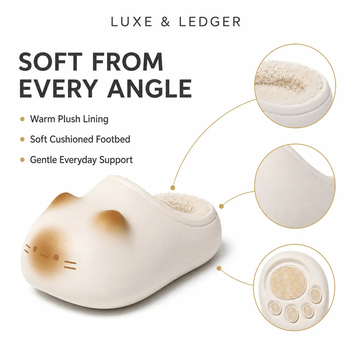 A soft plush slipper with a cat-face design, shown on a white background with marketing text and three circular detail insets highlighting the warm lining, cushioned footbed, and textured sole.