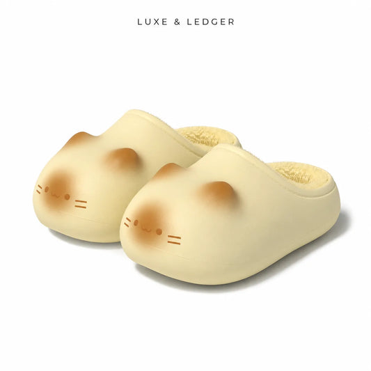 A pair of cream-colored slip-on slippers shaped like a cat's face, featuring soft brown accents on the ears, nose, and whiskers, with a plush cream lining visible inside. The brand name 'LUXE & LEDGER' is printed in black at the top of the image, all on a clean white background.