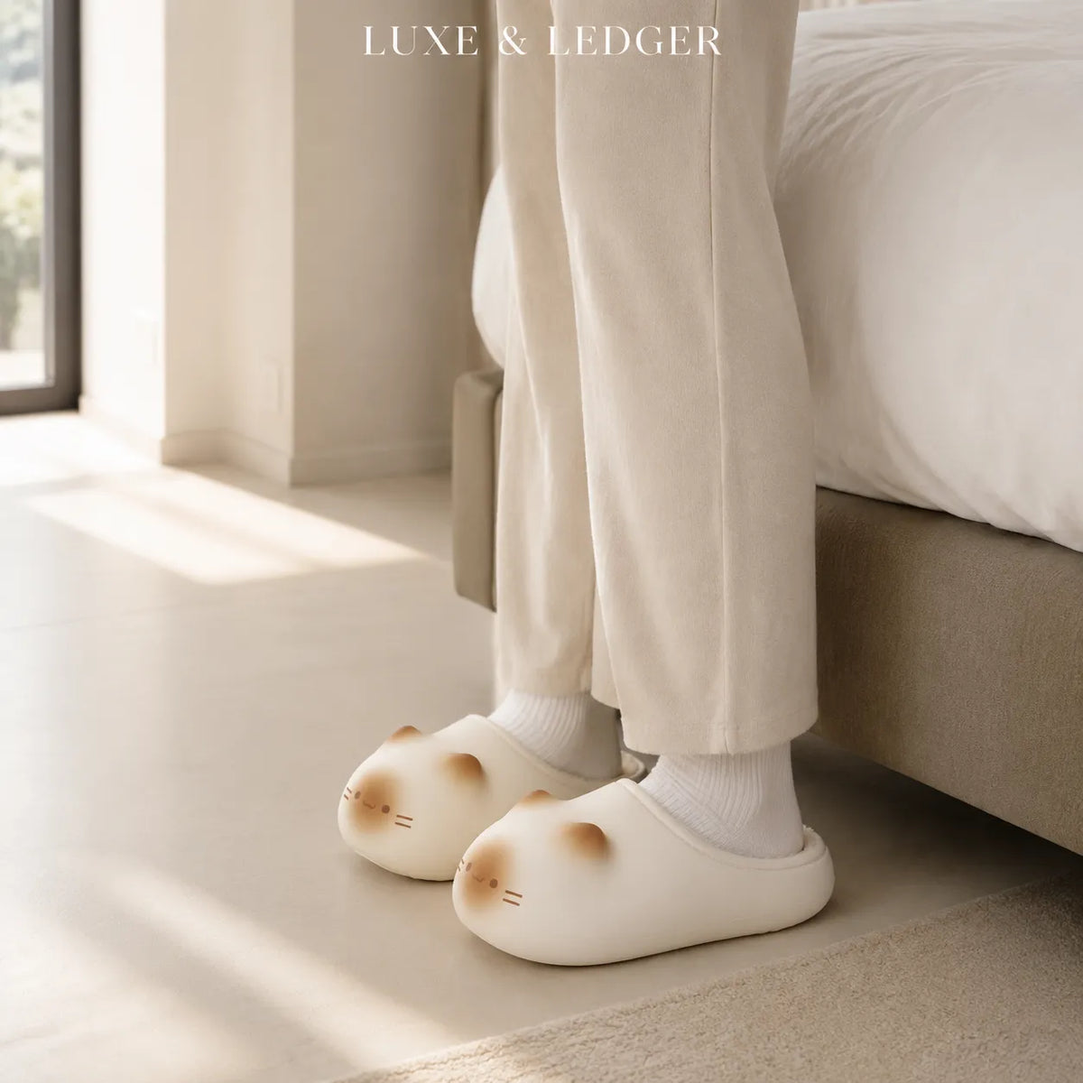 A person wearing cream-colored fluffy slip-on slippers with cat face details, standing in a bright bedroom next to a bed. The brand name 'LUXE & LEDGER' is printed at the top of the image.