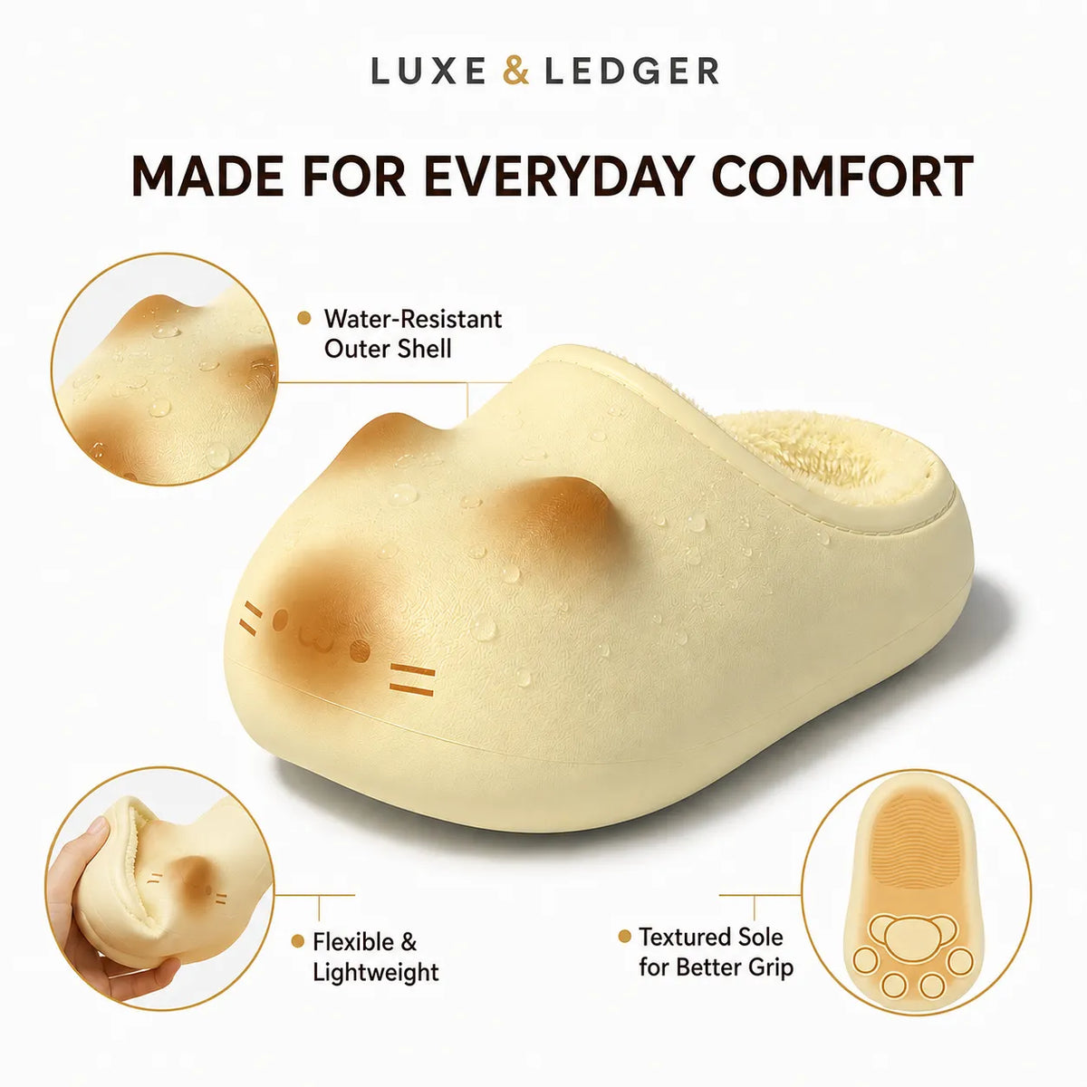 A pale cream-colored cat-shaped slipper shown on a white background with marketing callouts and circular detail insets. The top text reads 'LUXE & LEDGER' and 'MADE FOR EVERYDAY COMFORT,' with callouts highlighting a water-resistant outer shell, flexible and lightweight construction, and a textured sole for better grip.