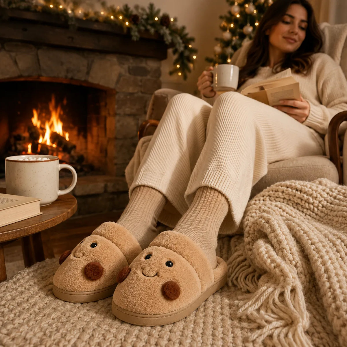 A cozy indoor scene with a woman seated in a chair by a fireplace, wearing cream ribbed knit pants and socks with plush tan slippers featuring a smiling face. She holds a mug and reads a book, with a blanket, fireplace, and warm holiday decor in the background.