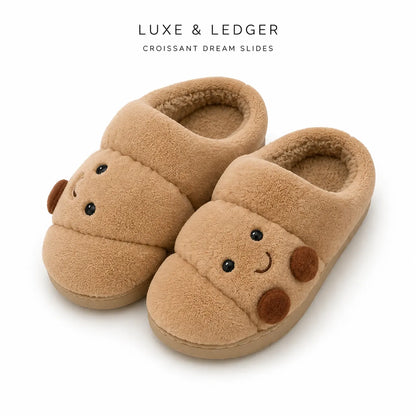 A pair of toddler slip-on plush slippers in a warm tan color, featuring a cute bear face design on the toe area. The brand name 'LUXE & LEDGER' is printed at the top of the image against a clean white background.