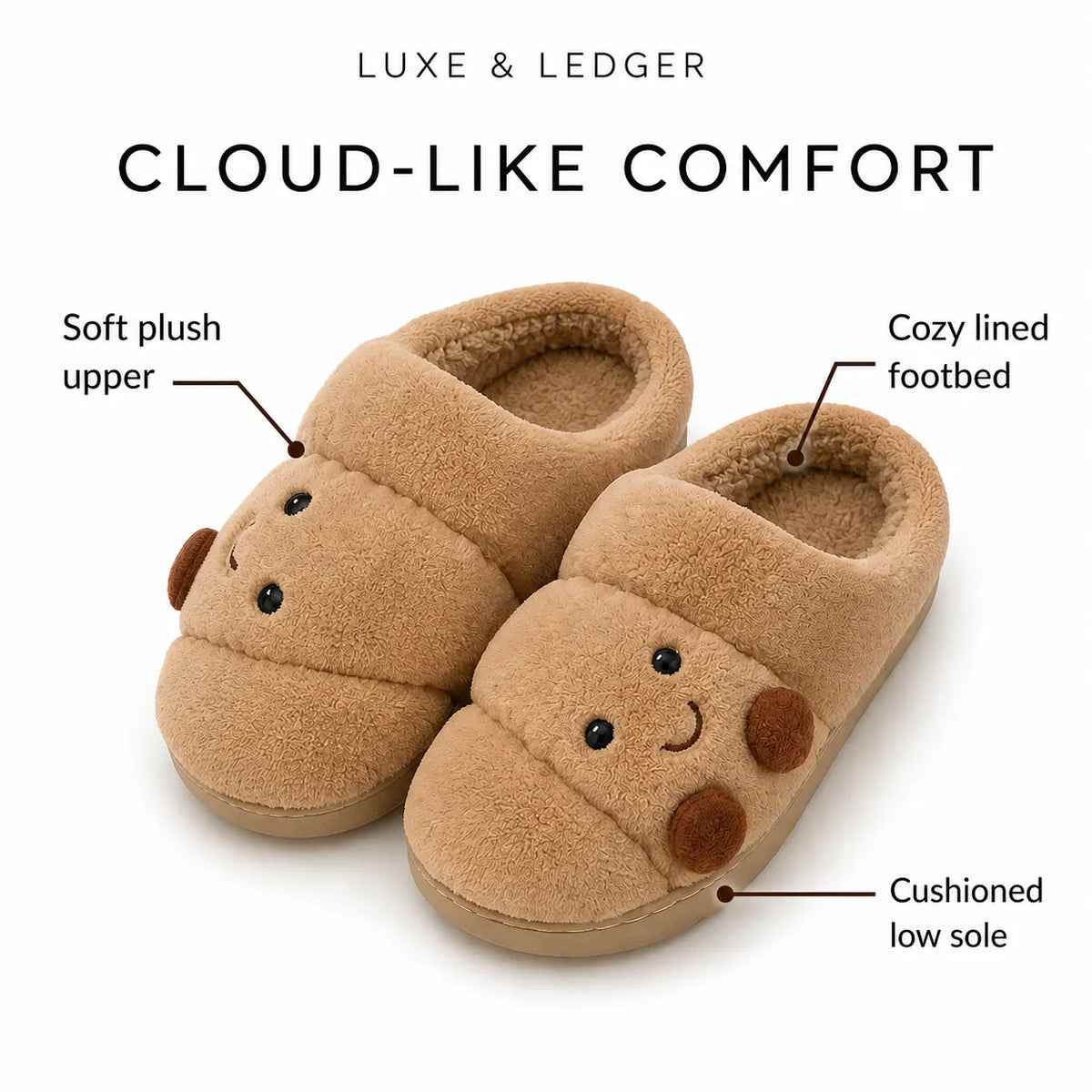 A pair of tan plush slipper mules with cartoon face details, shown on a white background with text callouts reading 'Soft plush upper,' 'Cozy lined footbed,' and 'Cushioned low sole,' plus the brand name Luxe & Ledger at the top.
