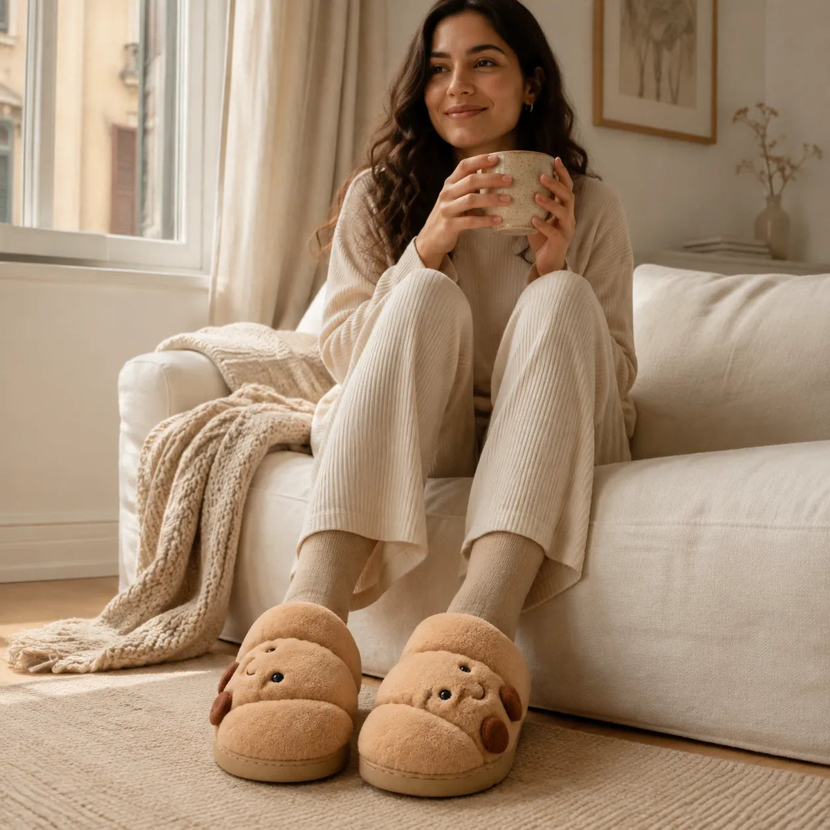 A woman sits on a cream sofa in a bright living room, holding a mug and wearing beige ribbed pajama pants and a matching top, with tan plush dog-face slippers in the foreground.
