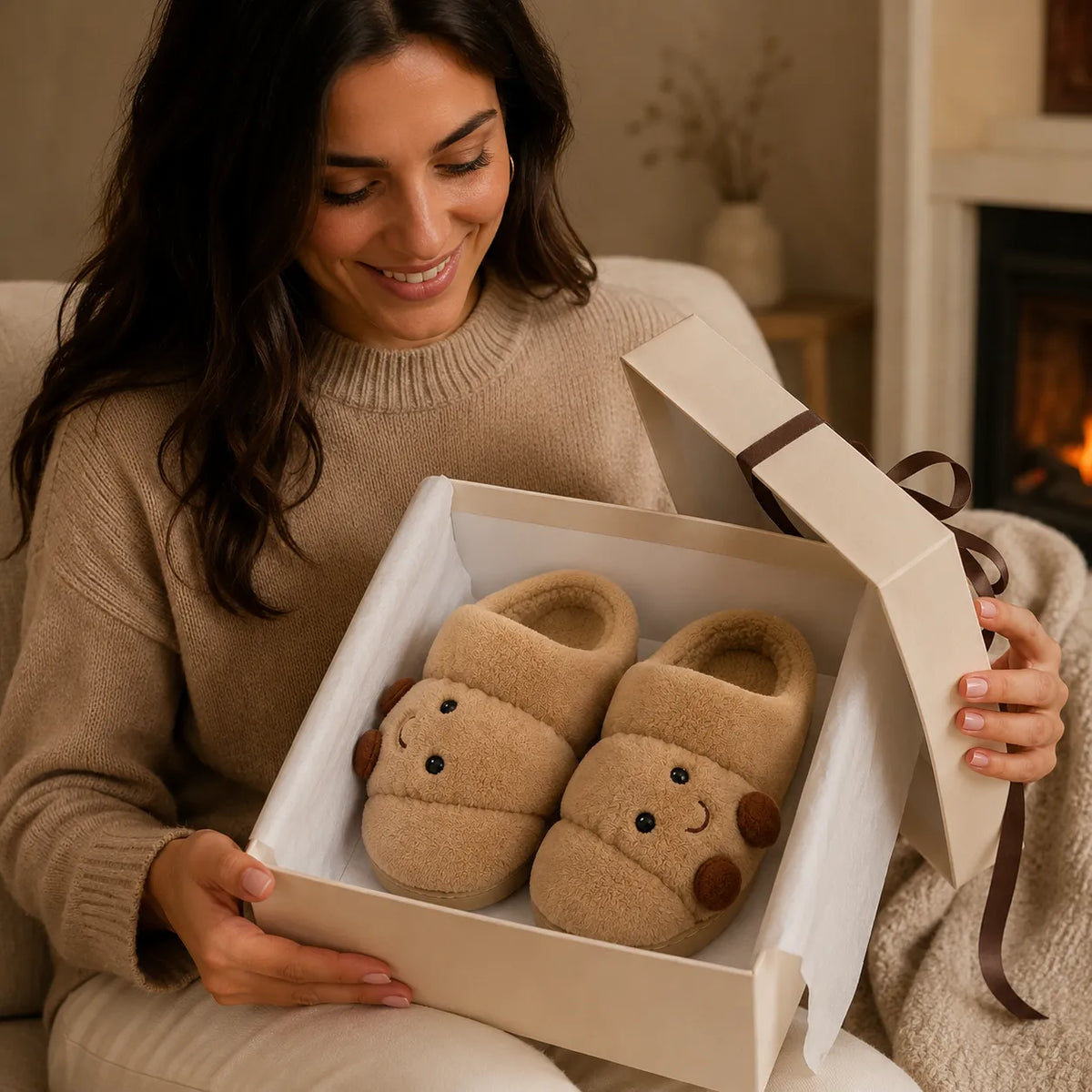 A woman in a cozy beige sweater sits on a couch and holds an open gift box containing a pair of plush slipper slippers with a cute bear face design. The setting is a warm, cozy living room with a fireplace in the background.