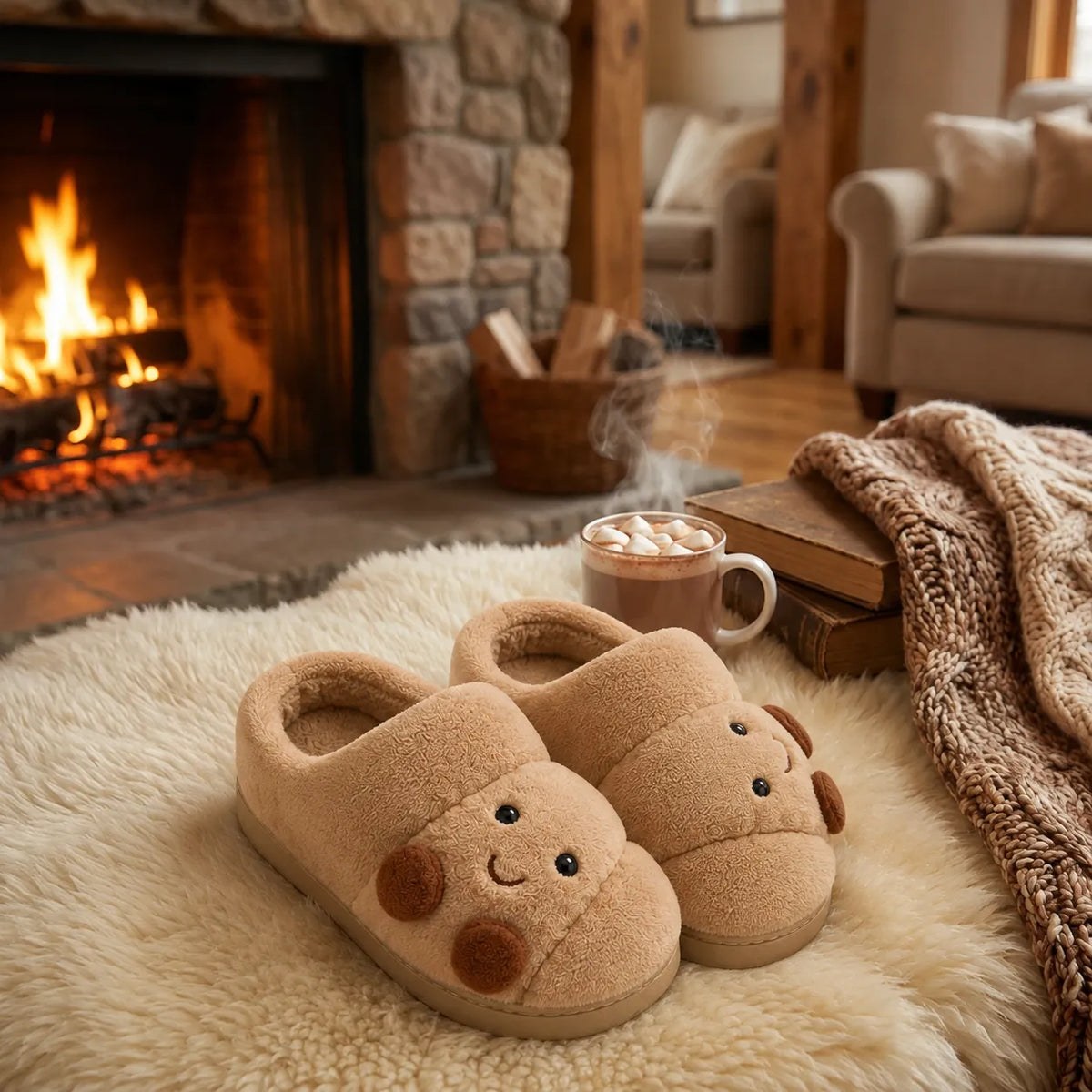 A pair of beige plush slip-on slippers with embroidered animal faces sits on a cream sheepskin rug in a cozy living room by a fireplace, with a mug of hot cocoa and marshmallows nearby.