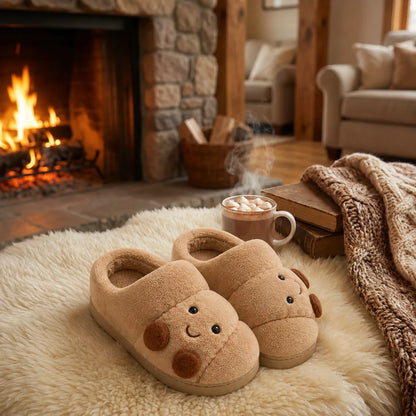 A pair of beige plush slip-on slippers with embroidered animal faces sits on a cream sheepskin rug in a cozy living room by a fireplace, with a mug of hot cocoa and marshmallows nearby.