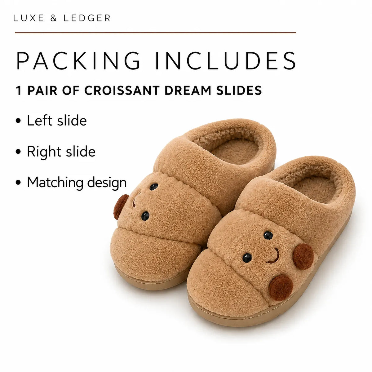 A pair of tan fuzzy baby croissant dream slides with embroidered smiling faces, shown on a white background with text stating 'PACKING INCLUDES 1 PAIR OF CROISSANT DREAM SLIDES' and listing left slide, right slide, and matching design.