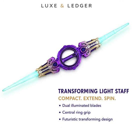 A purple and gold transforming light staff shown diagonally on a white background, with the brand name Luxe & Ledger at the top and product features listed at the bottom.