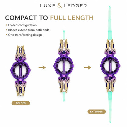 A product explainer graphic for a transforming watch or accessory shown in three stages: folded, extended, and full length. The item has a purple circular center with ornate gold-toned side details and a translucent mint green extension.