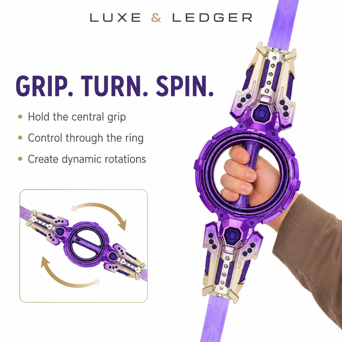 A purple and silver futuristic wrist spinner toy being held by a hand, with text reading 'GRIP. TURN.