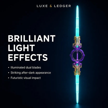 A Luxe & Ledger futuristic dual-blade weapon or accessory shown vertically on a dark background, with glowing cyan blades and a purple-and-gold central body. Large text on the left reads 'BRILLIANT LIGHT EFFECTS' with bullet points about illuminated dual blades and striking after-dark appearance.