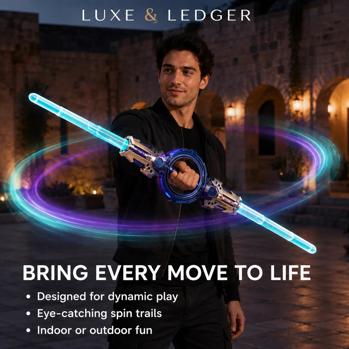 A man in a black outfit holds a futuristic toy blaster with glowing blue and purple light trails, standing in front of a stone courtyard. The text 'LUXE & LEDGER' appears at the top, and 'BRING EVERY MOVE TO LIFE' with bullet points are shown at the bottom.