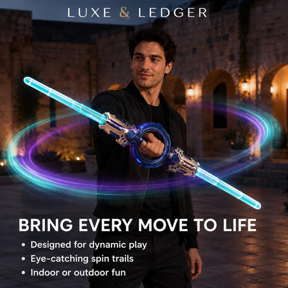 A man in a black outfit holds a futuristic toy blaster with glowing blue and purple light trails, standing in front of a stone courtyard. The text 'LUXE & LEDGER' appears at the top, and 'BRING EVERY MOVE TO LIFE' with bullet points are shown at the bottom.
