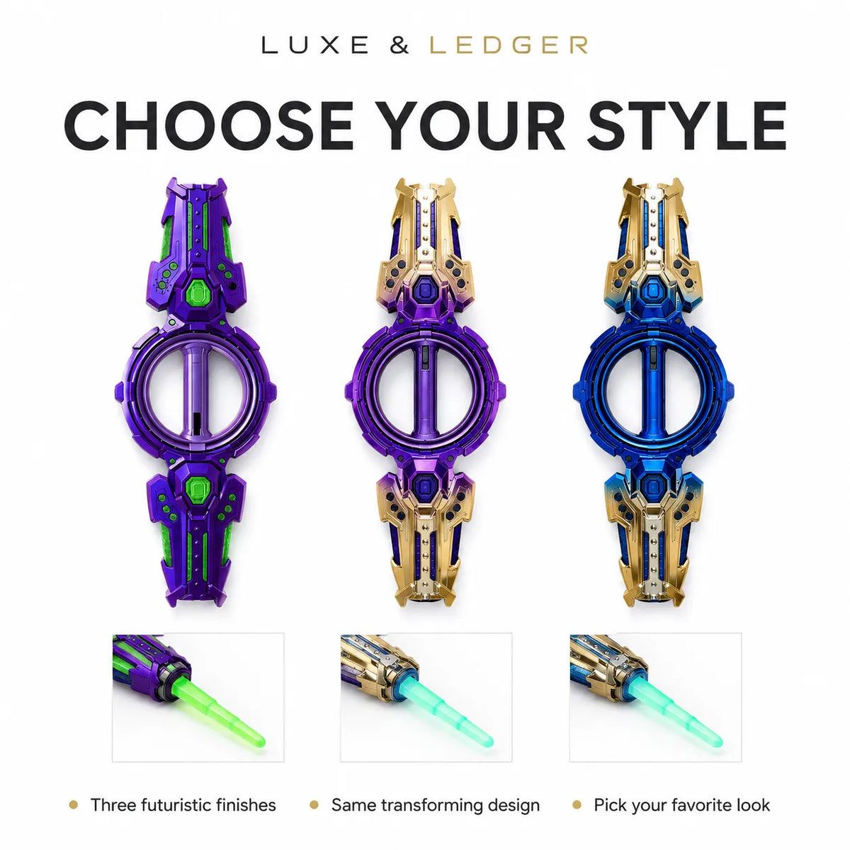 A promotional graphic showing three futuristic watch-style accessories labeled 'LUXE & LEDGER' with the headline 'CHOOSE YOUR STYLE.' The top row displays three versions of the same item in purple with green accents, purple with gold accents, and blue with gold accents.