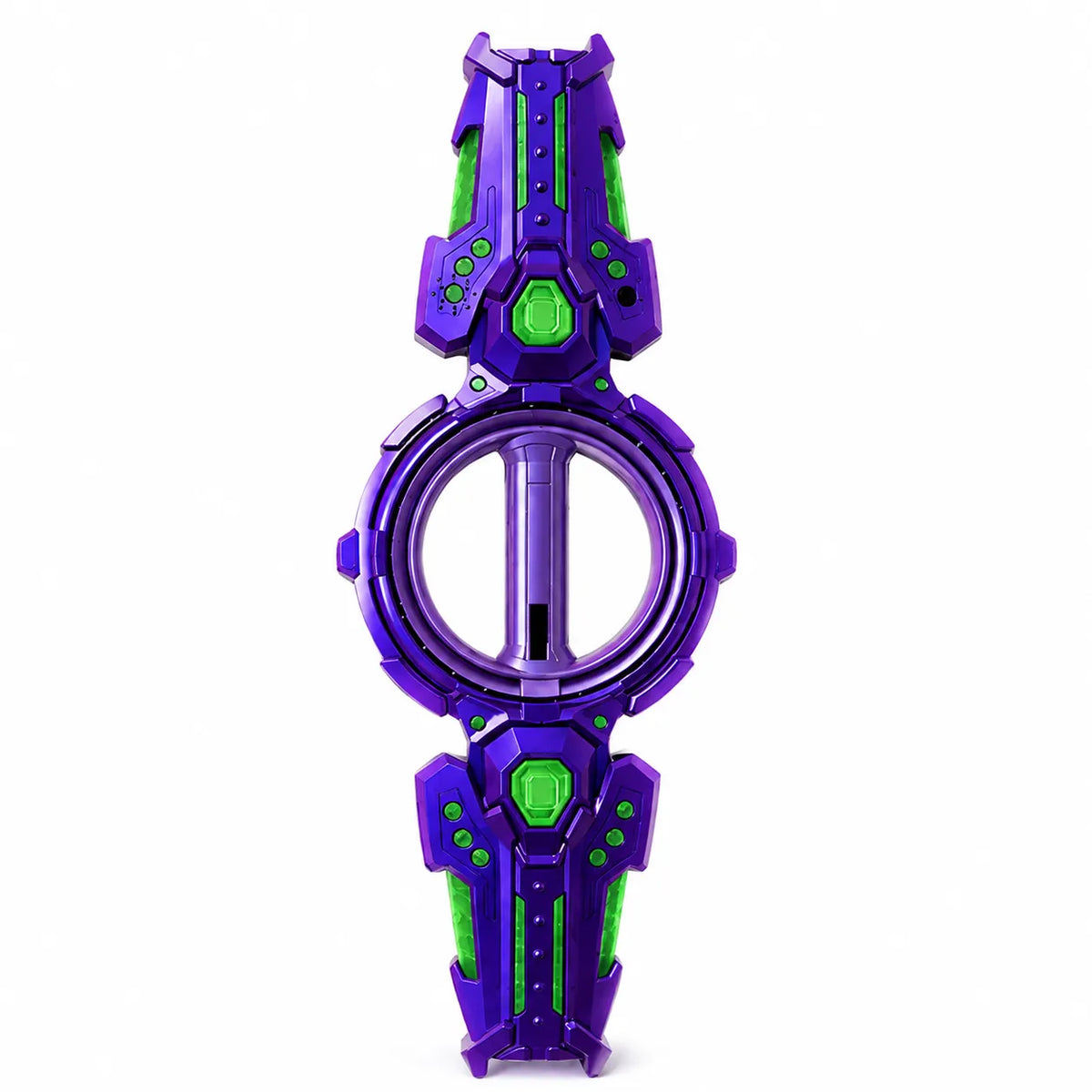 A purple and green futuristic toy watch or accessory with a circular center and angular, sci-fi details, shown on a plain white background.