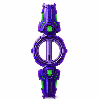 A purple and green futuristic toy watch or accessory with a circular center and angular, sci-fi details, shown on a plain white background.