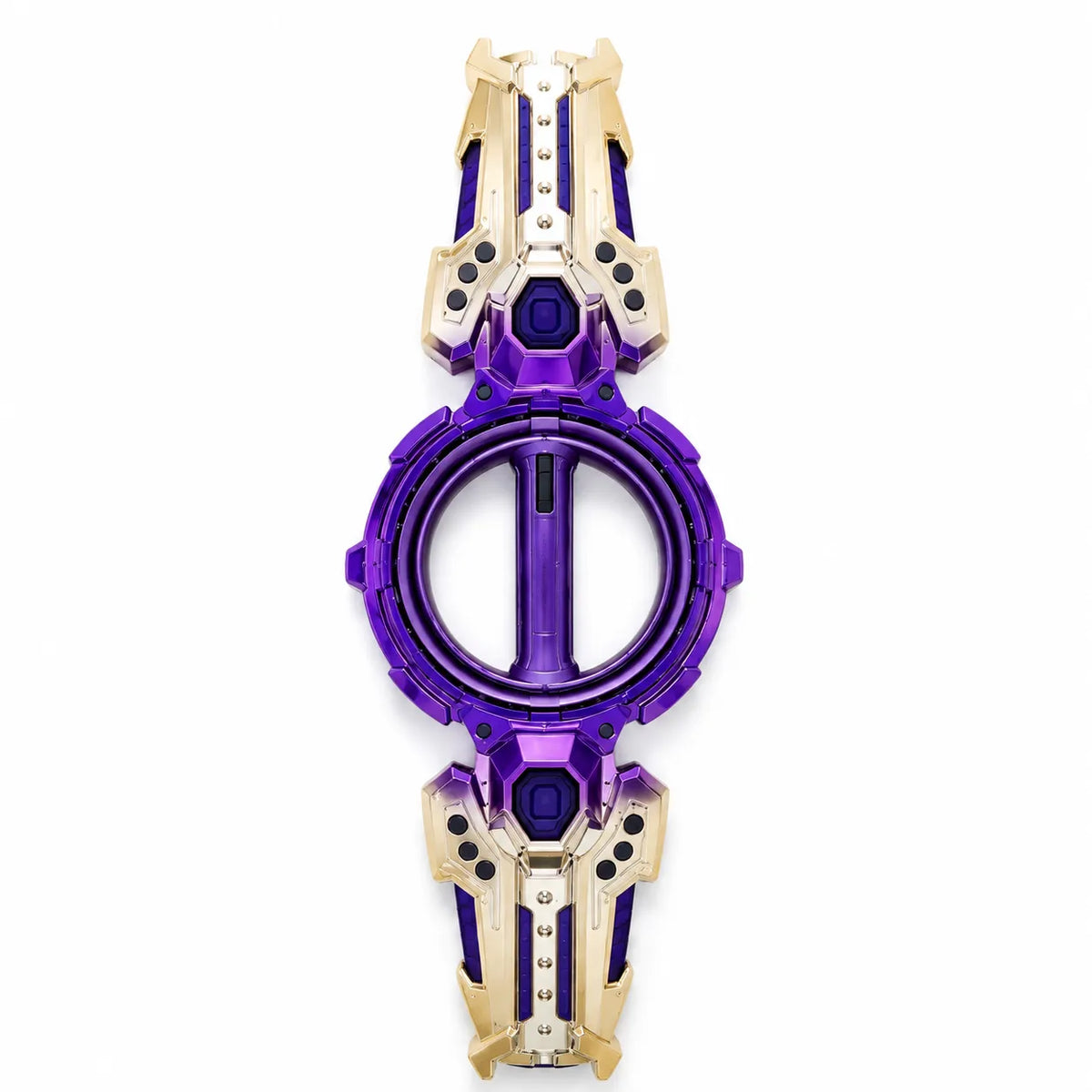 A futuristic sci-fi style wristwatch or accessory watch with a metallic purple circular center and matching purple and gold-toned geometric side sections, shown on a plain white background.