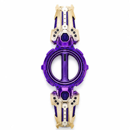 A futuristic sci-fi style wristwatch or accessory watch with a metallic purple circular center and matching purple and gold-toned geometric side sections, shown on a plain white background.