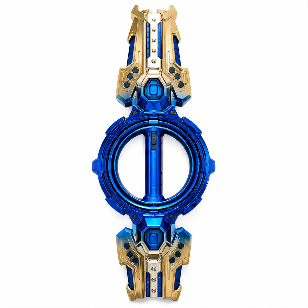 A futuristic toy watch or accessory with a circular blue center and symmetrical gold and blue outer sections, shown on a plain white background.