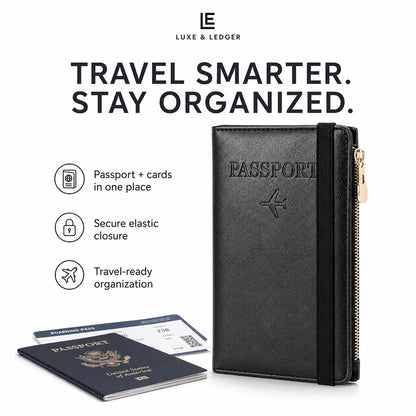 Luxe & Ledger black passport holder and card case shown on a white background with promotional text and sample passports inside.