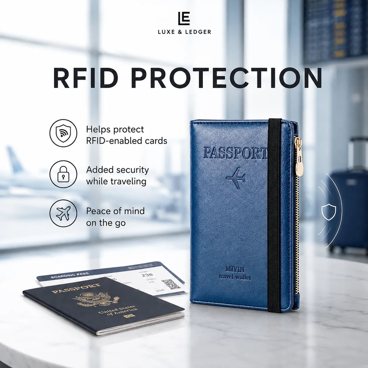 A blue leather passport holder with a black zipper and gold pull shown on a light marble surface, with two passports in front and promotional text reading 'RFID PROTECTION' and the Luxe & Ledger brand logo. The background is a softly blurred airport-style interior.