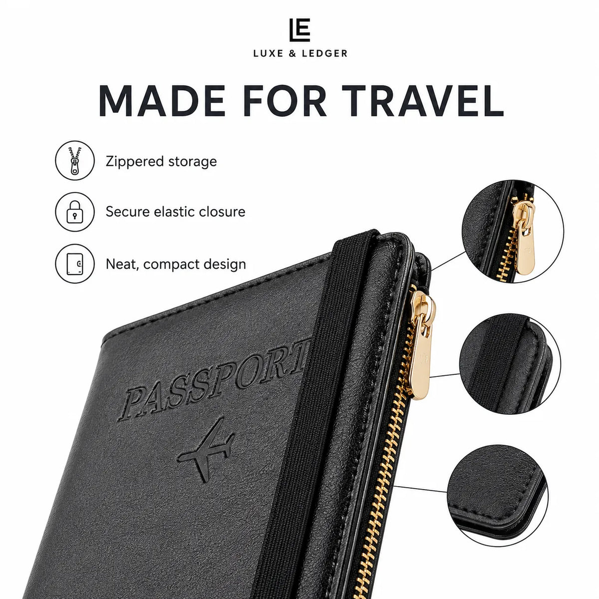 Black faux-leather passport holder wallet by Luxe & Ledger with gold zipper and elastic band, shown on a white background with feature callouts and three circular detail insets.