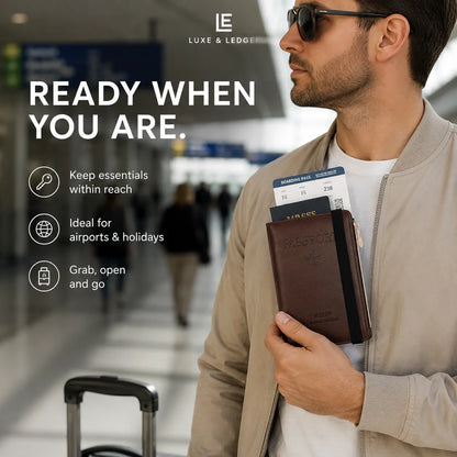 A man in a beige bomber jacket and sunglasses stands in an airport holding a brown leather passport holder with boarding passes, next to a rolling suitcase. Large text on the left reads 'READY WHEN YOU ARE.