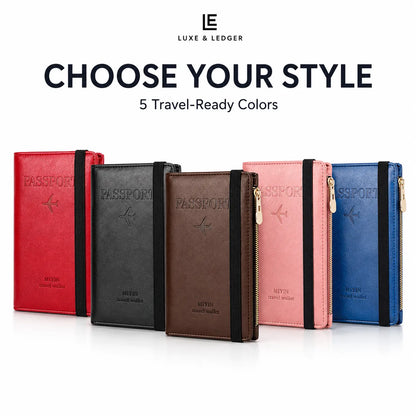 Five passport holder style travel wallets in red, black, brown, pink, and blue, arranged in a row on a white background with the text 'CHOOSE YOUR STYLE' and '5 Travel-Ready Colors' above them. The brand name LUXE & LEDGER is visible at the top.