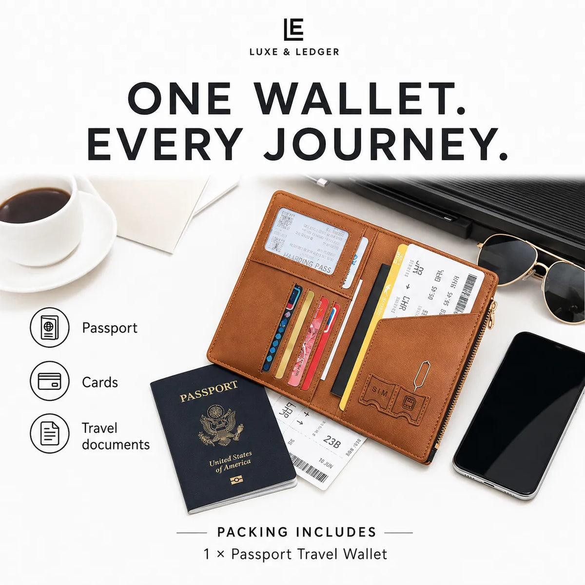 A brown leather passport travel wallet shown open with cards, a passport, ticket, phone, sunglasses, coffee, and papers on a white background. Large text reads 'ONE WALLET.
